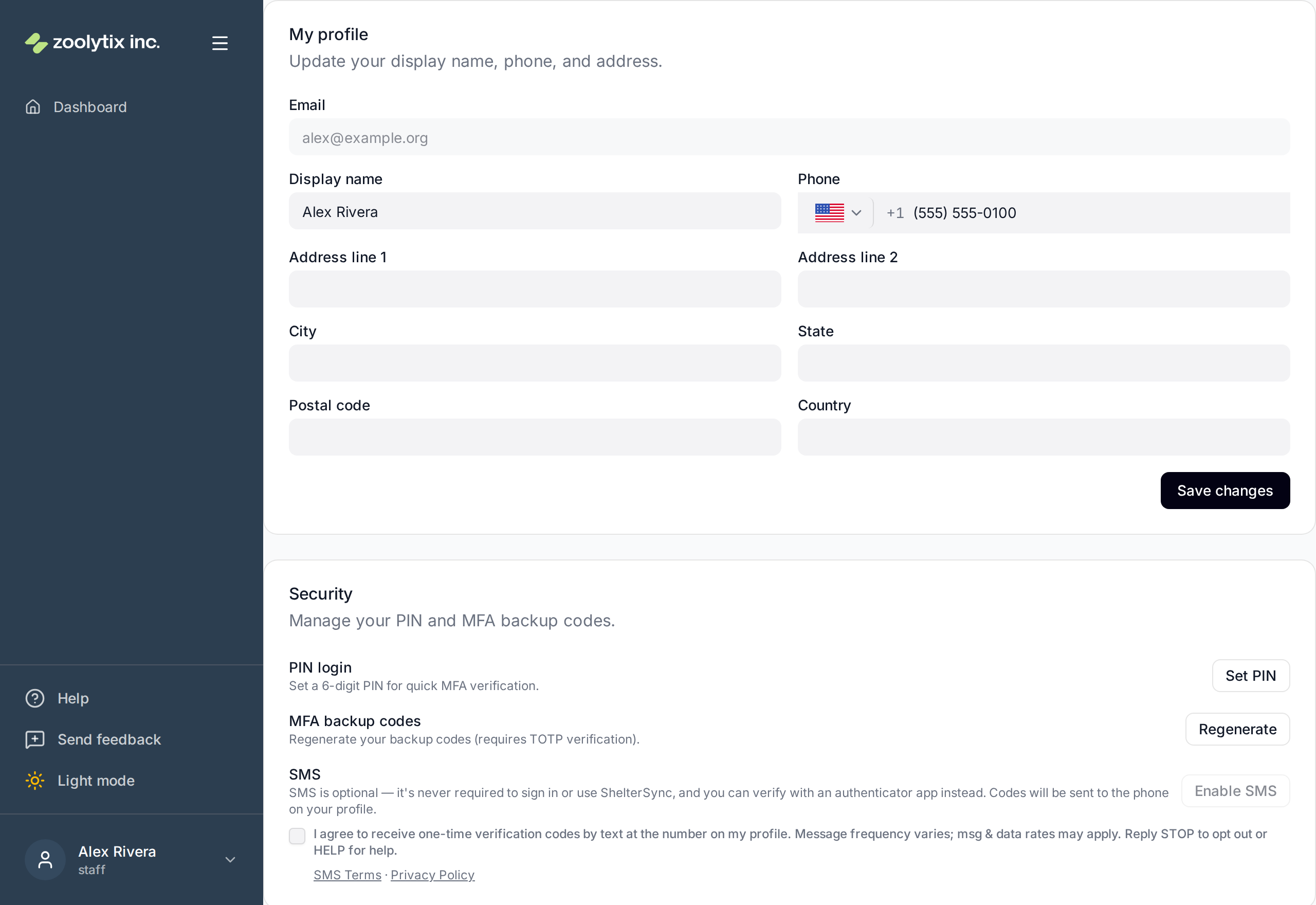 ShelterSync Profile & security page showing the optional SMS opt-in control and consent language