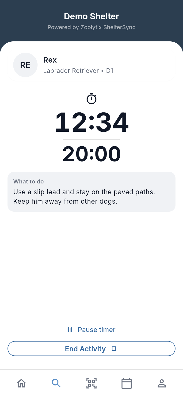 The activity timer for Rex at 12:34, with a target of 20:00, the walk's What to do note, Pause timer and End Activity