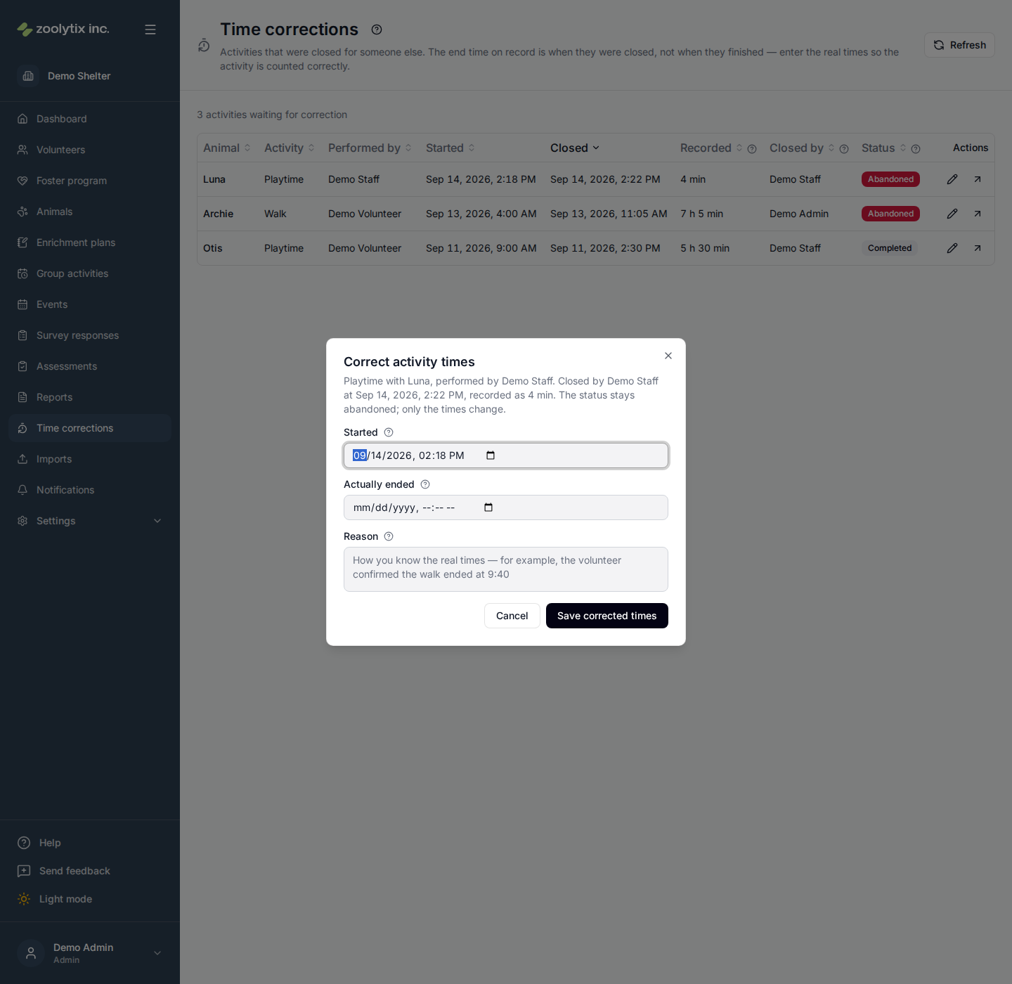 Correcting an activity's times