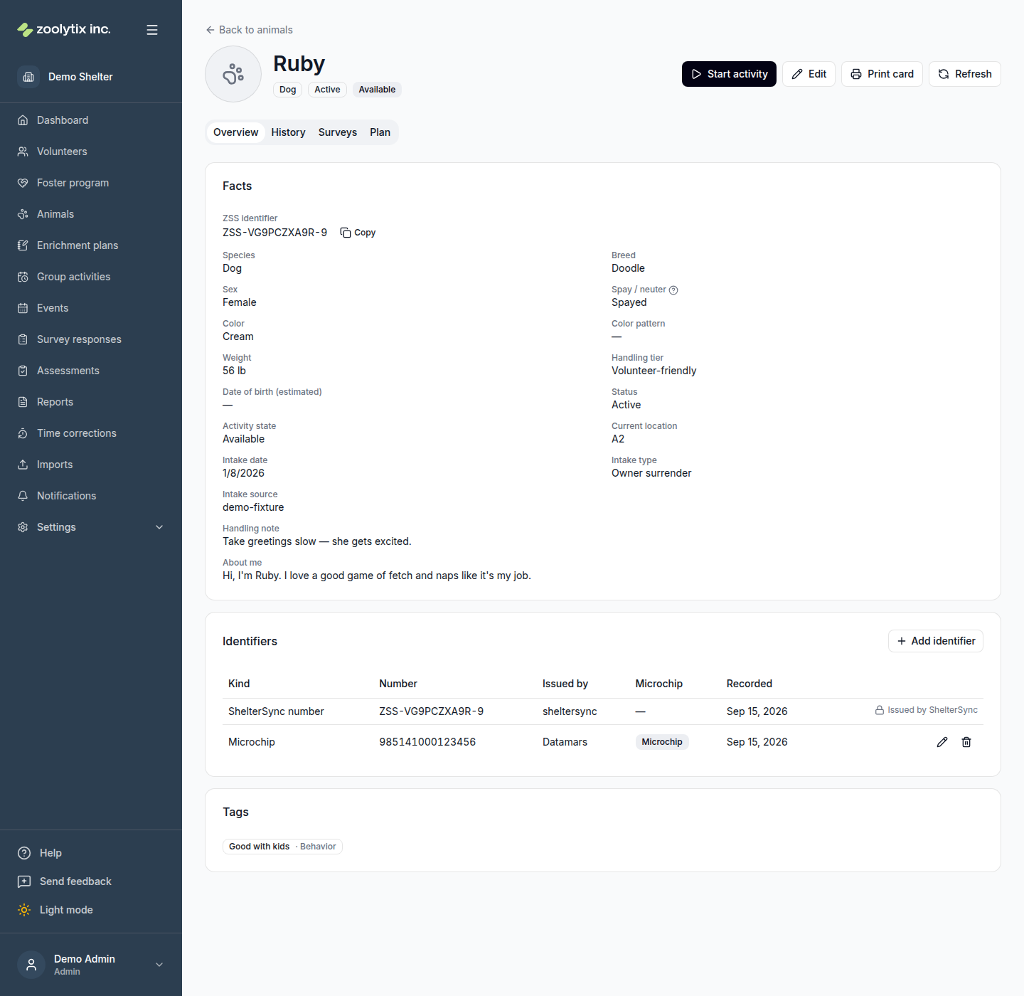 An animal's Overview tab, with the Identifiers card