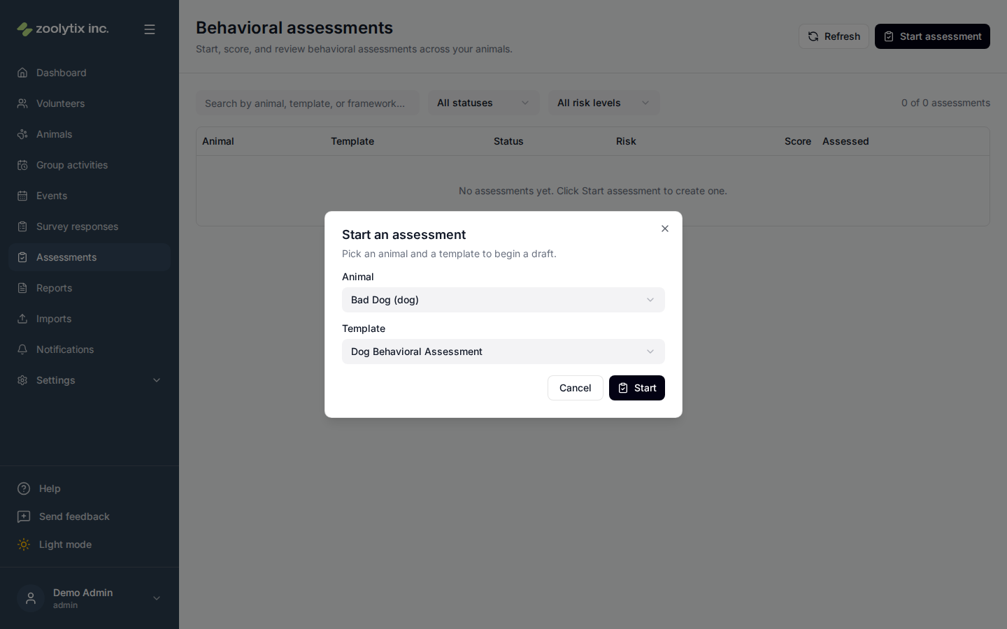 The Start assessment dialog