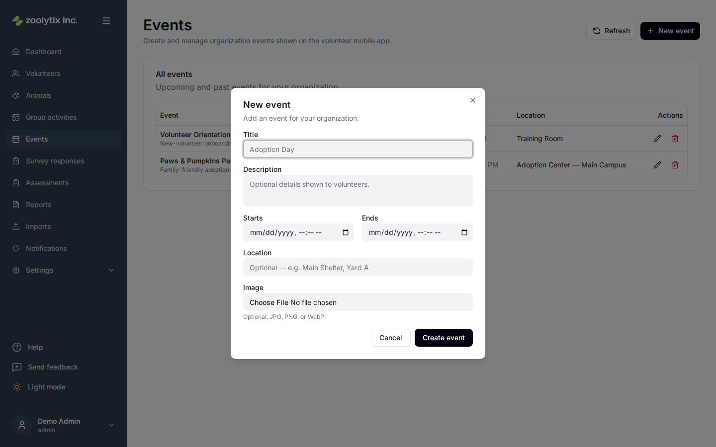 Creating a new event