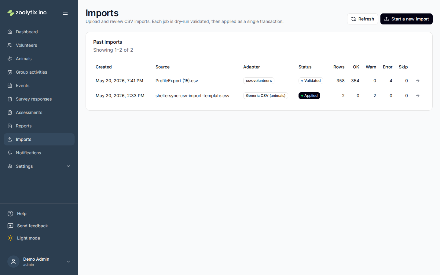 The Imports page