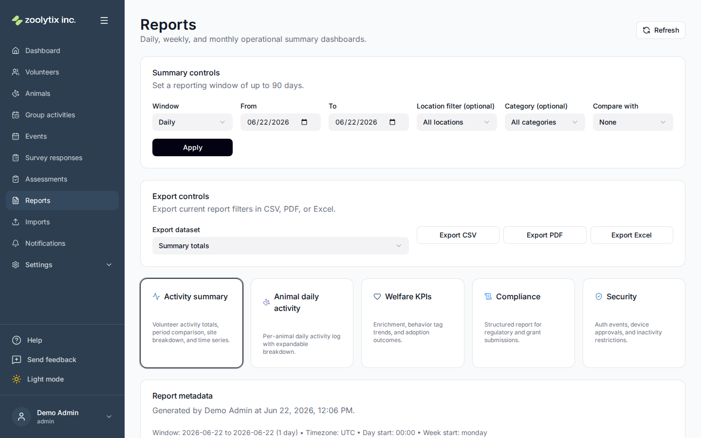The Reports page