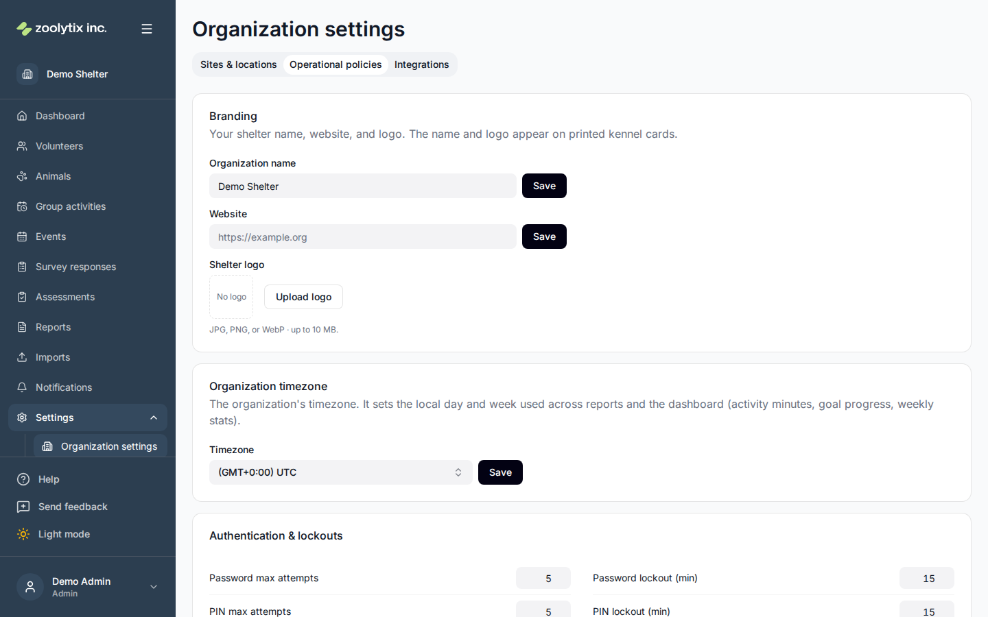 The Operational policies tab, including the Organization timezone card