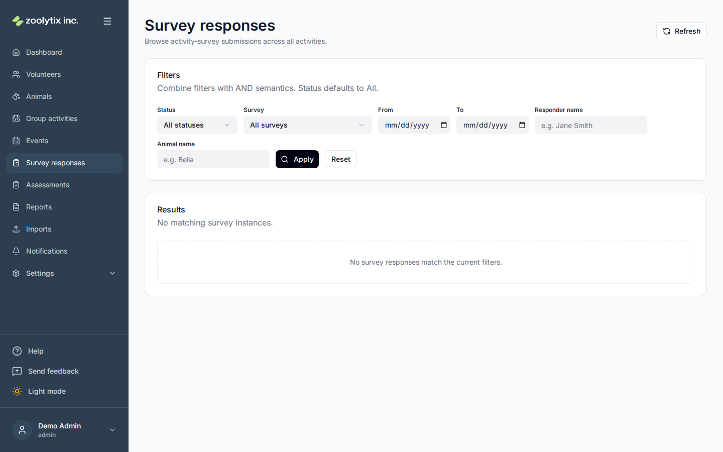 The Survey responses page